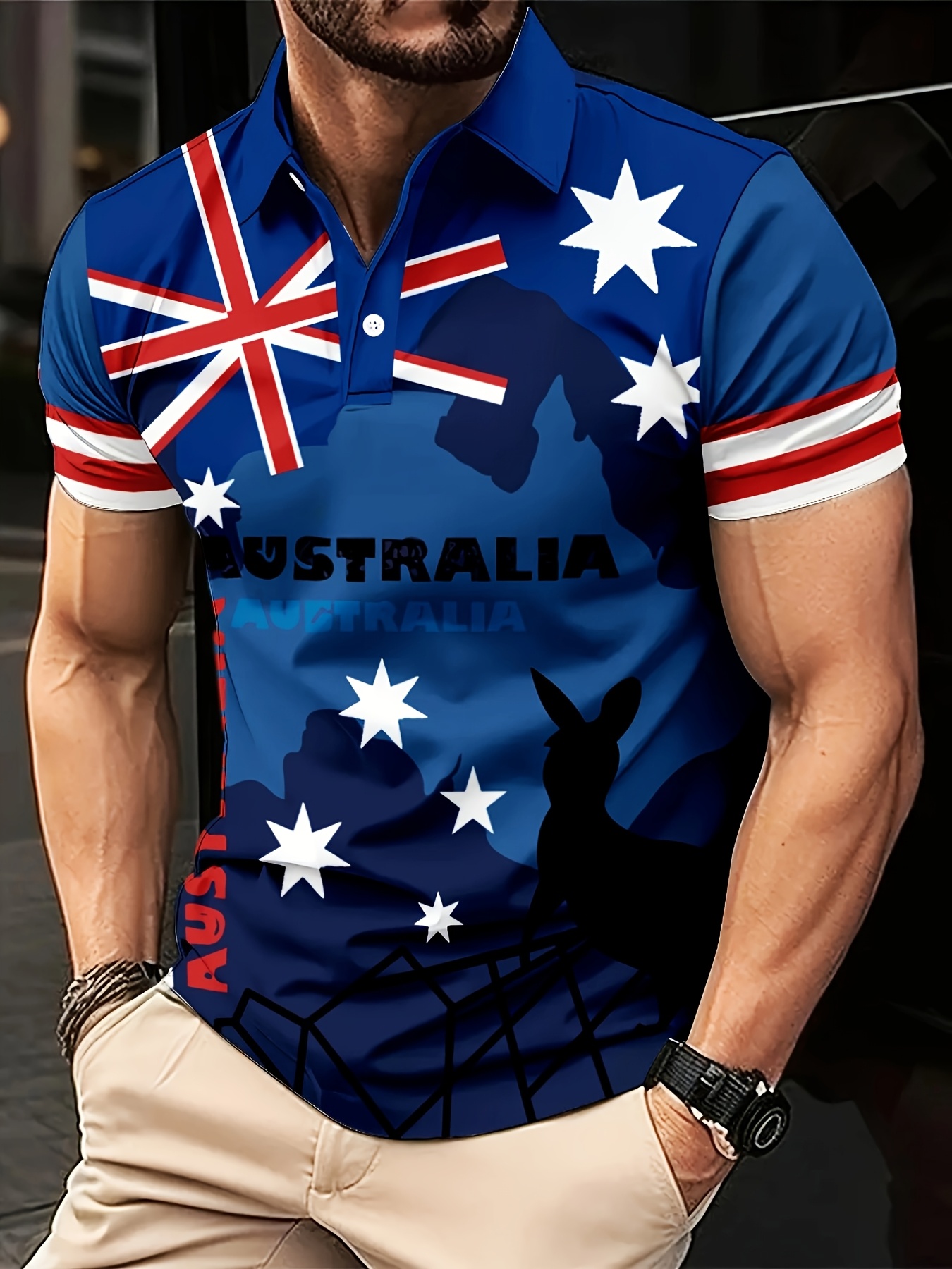 Men'S Polo Formal Wear - Summer Australian Flag Kangaroo Patchwork Print,