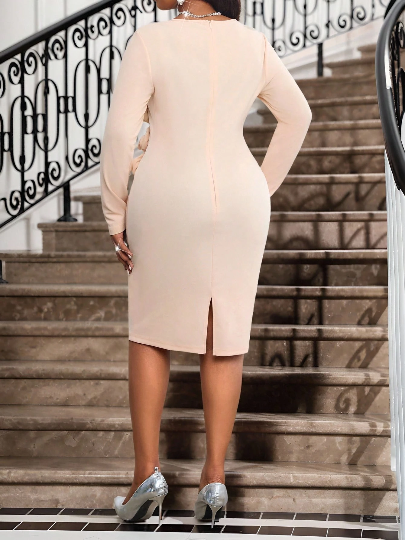 Formal Men Party Wear Jacket - Nude Beige Long Sleeve Bodycon Dress