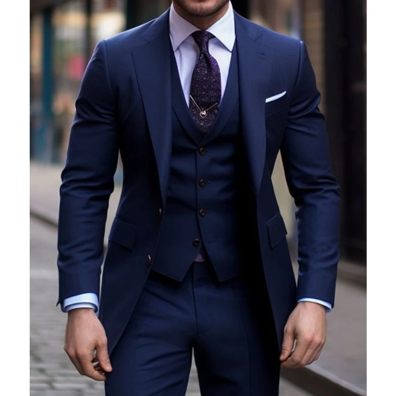 Formal Wear For Men In Wedding - Navy Blue 3 Pieces Casual Male
