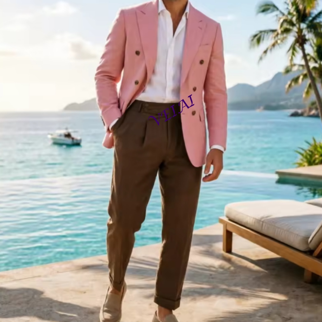 Formal Men Party Wear Jacket - Customized2 Piece Beige Linen Men Double