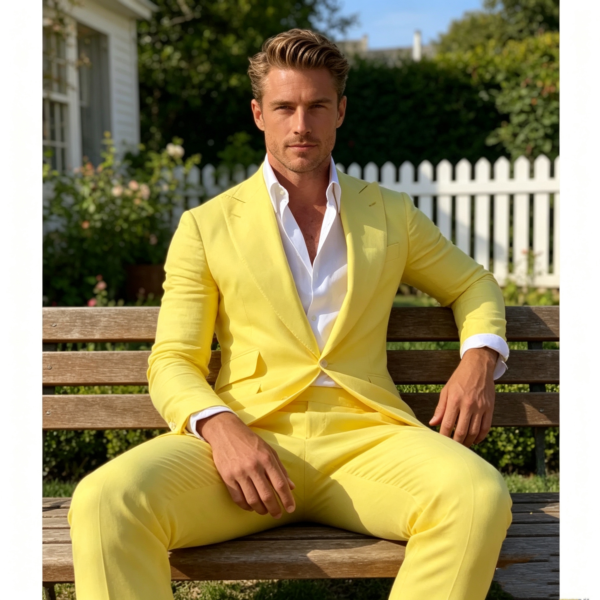 Slim Fit Yellow Men's 2-Piece  - Wool Suit Jacket บทวิจารณ์และราคา
