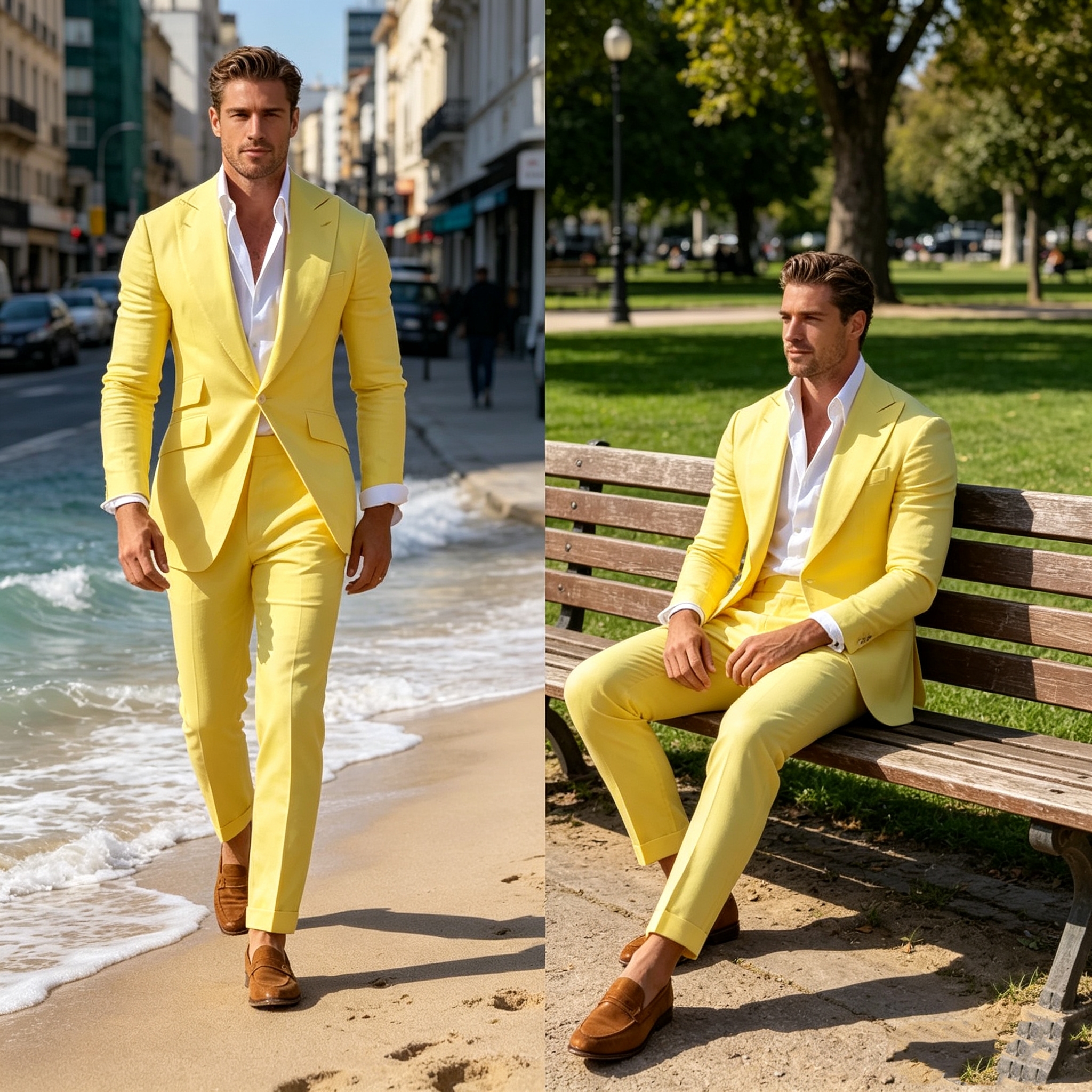 Slim Fit Yellow Men's 2-Piece  - Wool Suit Jacket บทวิจารณ์และราคา